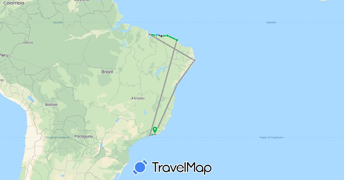 TravelMap itinerary: driving, bus, plane, boat, motorbike in Brazil (South America)